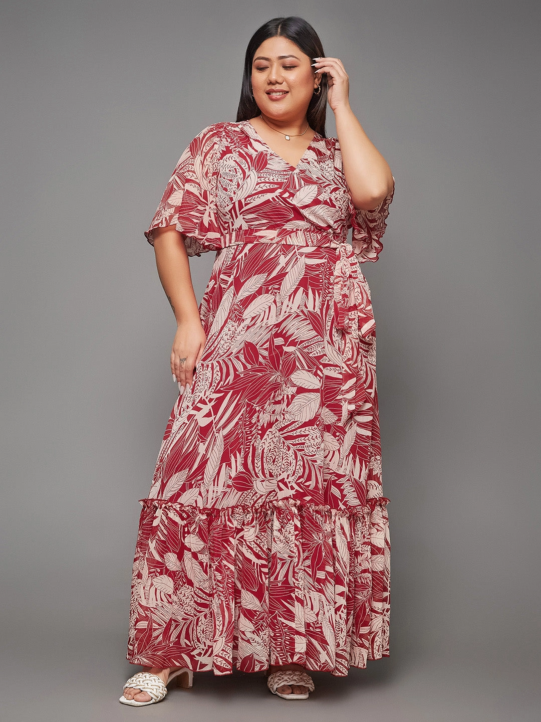 Bohemian-Style Body Bliss Multicolored-Base-Maroon Floral Wrap Maxi Dress