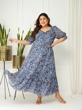 Perfect Layering Classic Fit Body Bliss Multicolored-Base-Navy Blue Floral Ruching Ankle-Length Dress