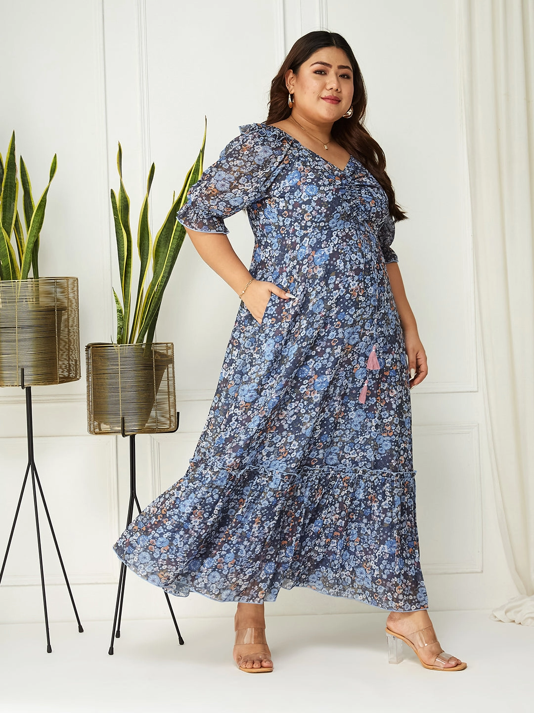 Cozy Vibes Body Bliss Multicolored-Base-Navy Blue Floral Ruching Ankle-Length Dress