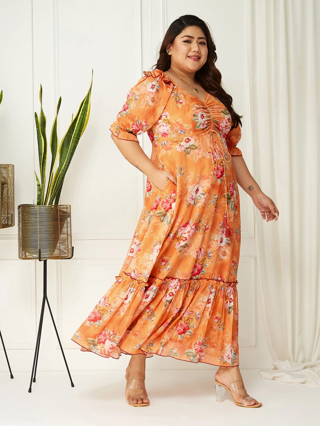 Body Bliss Multicolored-Base-Orange Floral Ruching Ankle-Length Dress Refined Feel