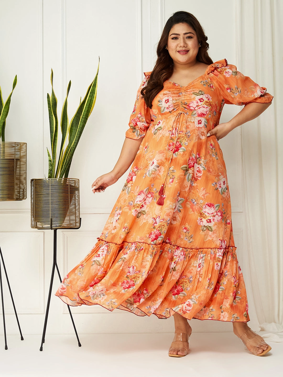 Air Comfort Minimal Cut Body Bliss Multicolored-Base-Orange Floral Ruching Ankle-Length Dress