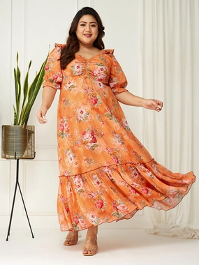 Fresh Outfit Evening Ready Body Bliss Multicolored-Base-Orange Floral Ruching Ankle-Length Dress