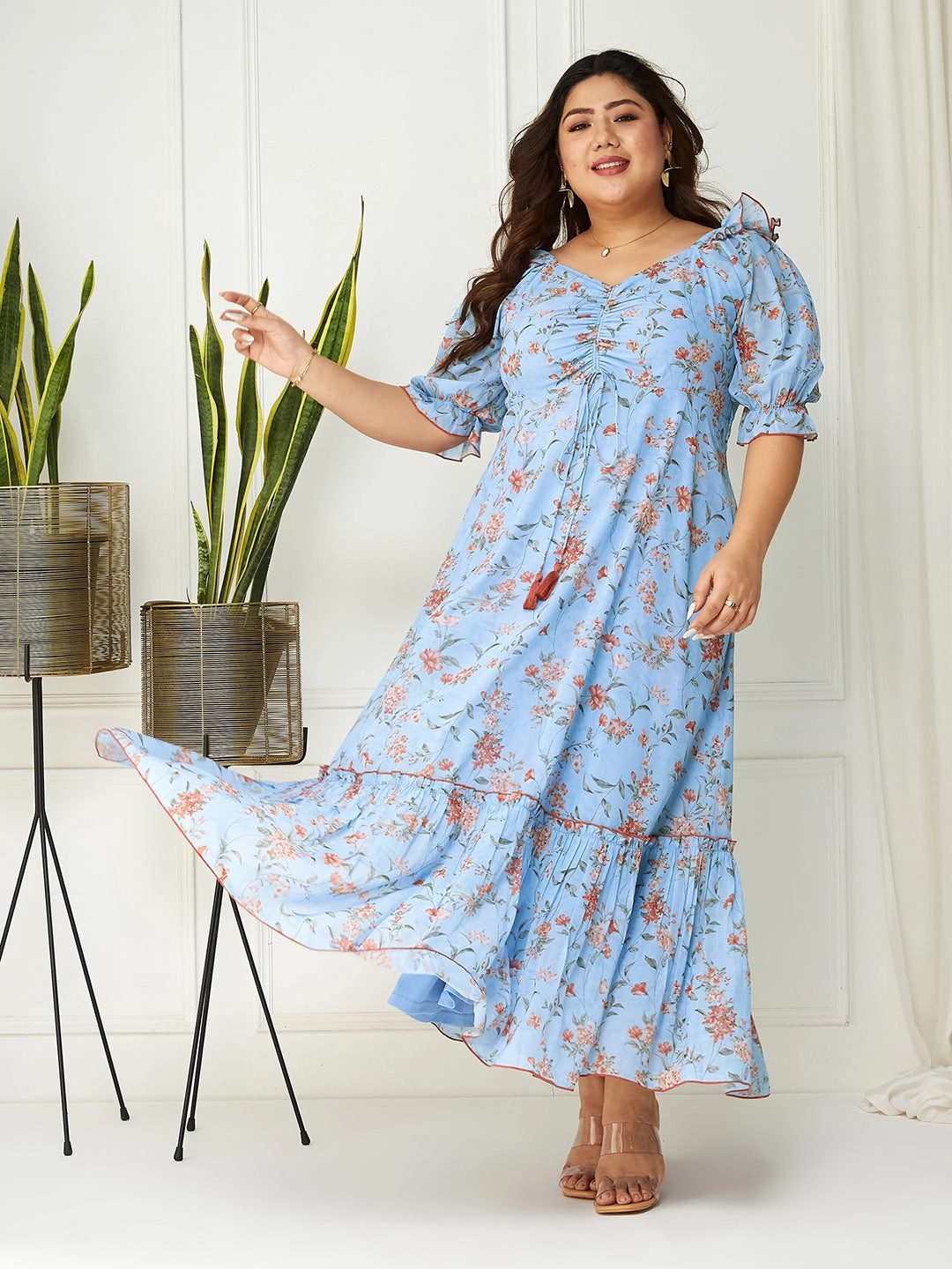 Body Bliss Multicolored-Base-Powder Blue Floral Ruching Ankle-Length Dress FlexibleClosure
