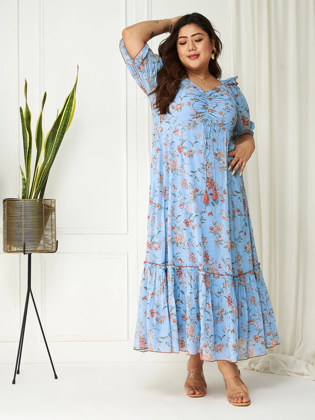 Modern Staple Smart Style Body Bliss Multicolored-Base-Powder Blue Floral Ruching Ankle-Length Dress