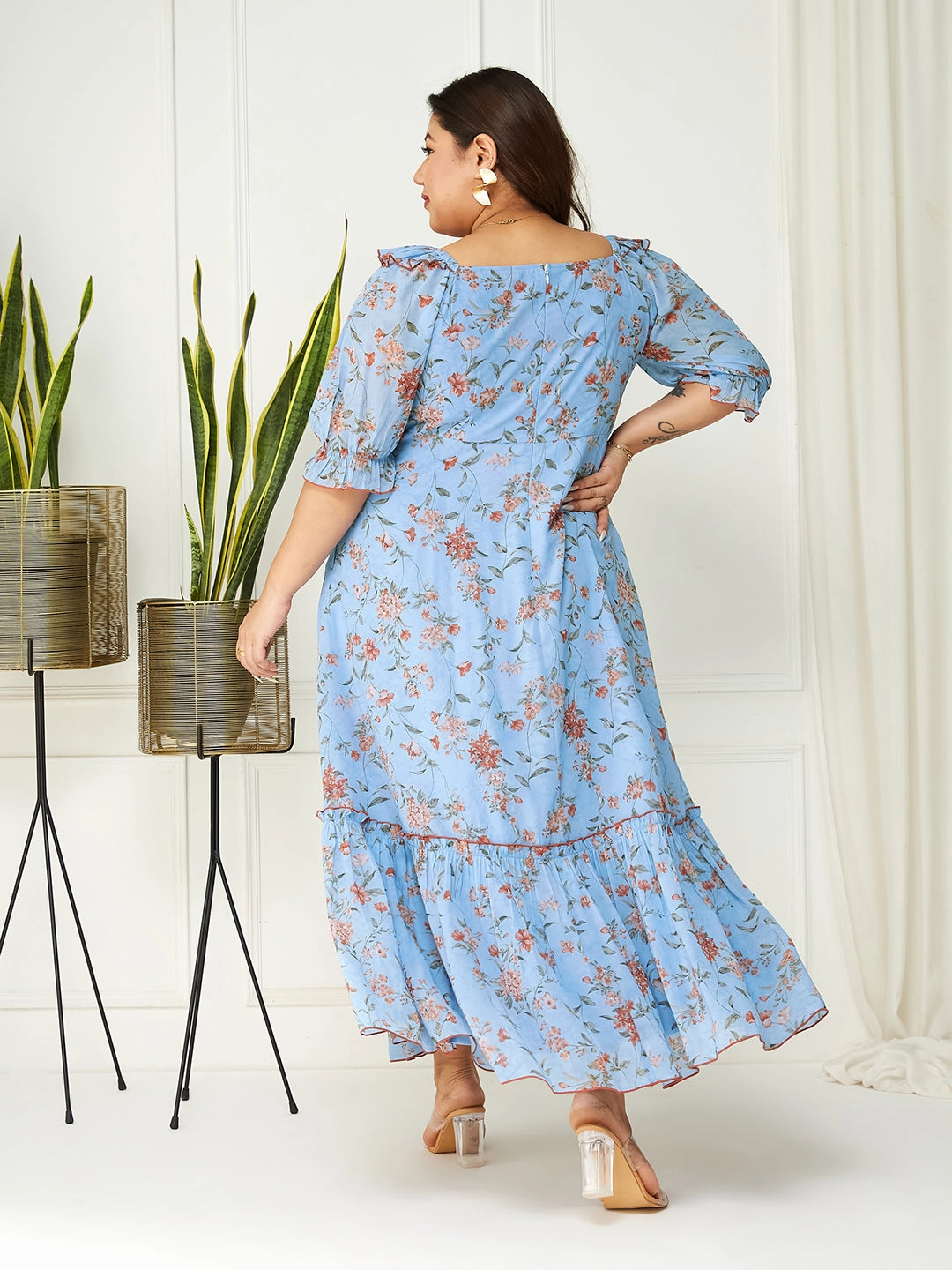 Body Bliss Multicolored-Base-Powder Blue Floral Ruching Ankle-Length Dress Ethically-Made Subtle Look