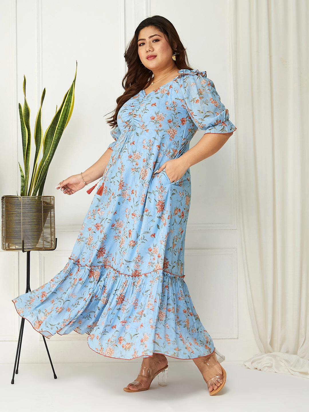 Body Bliss Multicolored-Base-Powder Blue Floral Ruching Ankle-Length Dress Office Mood Recycled-Material