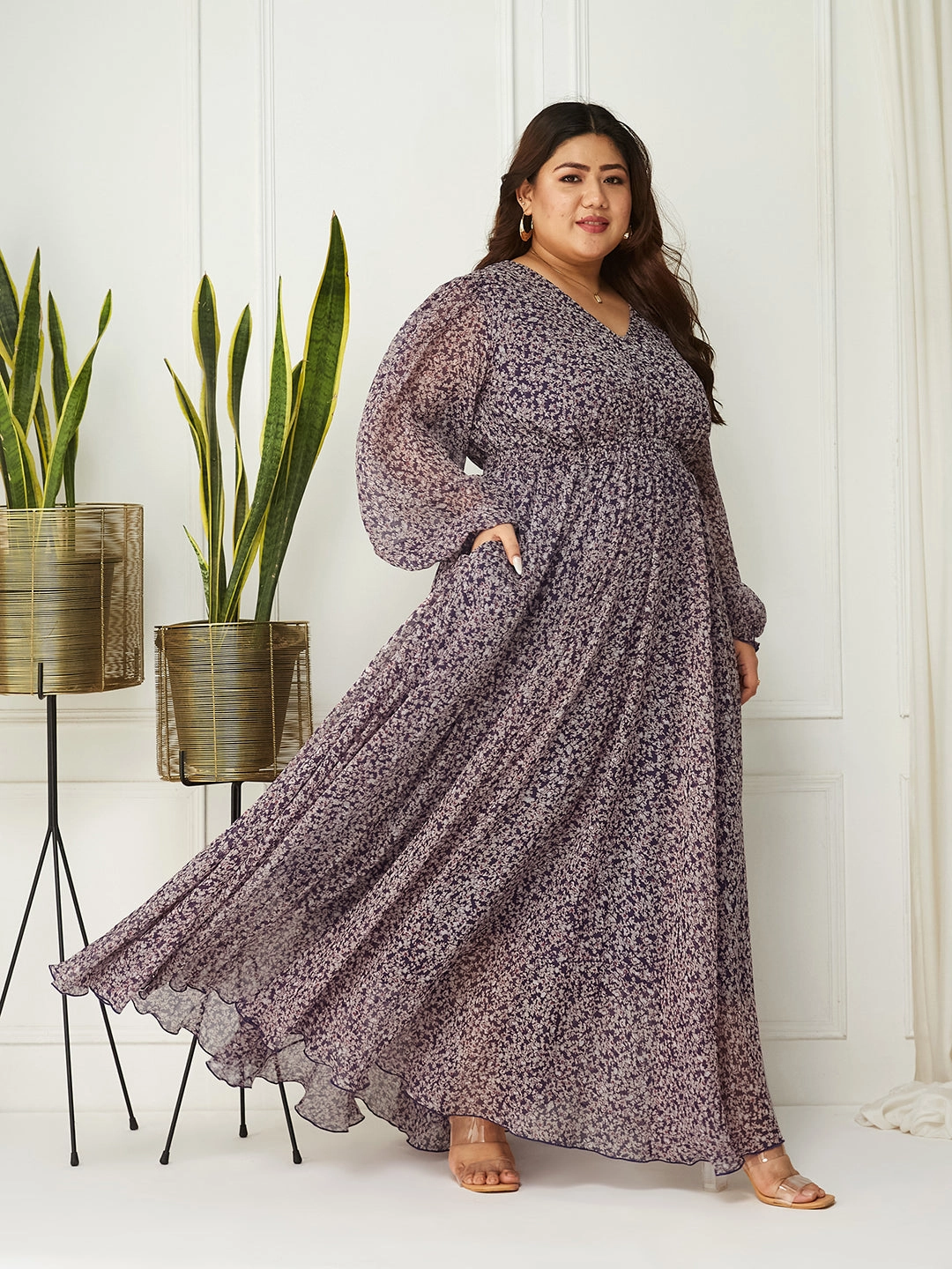 Chill Piece Body Bliss Multicolored-Base-Purple Floral Gathered Chiffon Maxi Dress