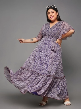 Body Bliss Multicolored-Base-Purple Floral Wrap Chiffon Maxi Dress Joyful Look
