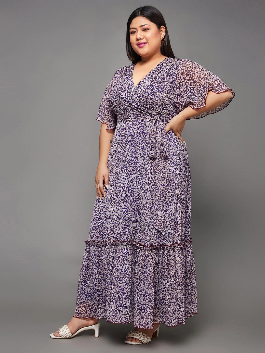 Subtle Comfort Body Bliss Multicolored-Base-Purple Floral Wrap Chiffon Maxi Dress