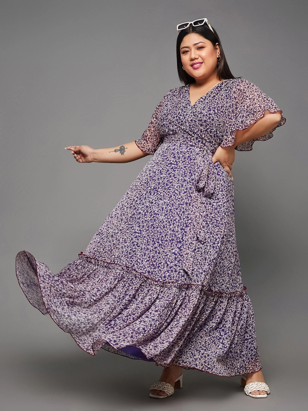 Body Bliss Multicolored-Base-Purple Floral Wrap Chiffon Maxi Dress Joyful Look