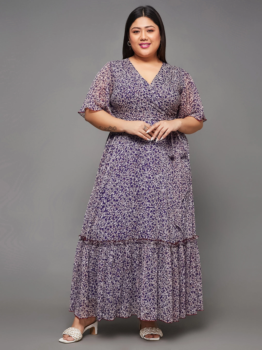 Smart Layers Body Bliss Multicolored-Base-Purple Floral Wrap Chiffon Maxi Dress