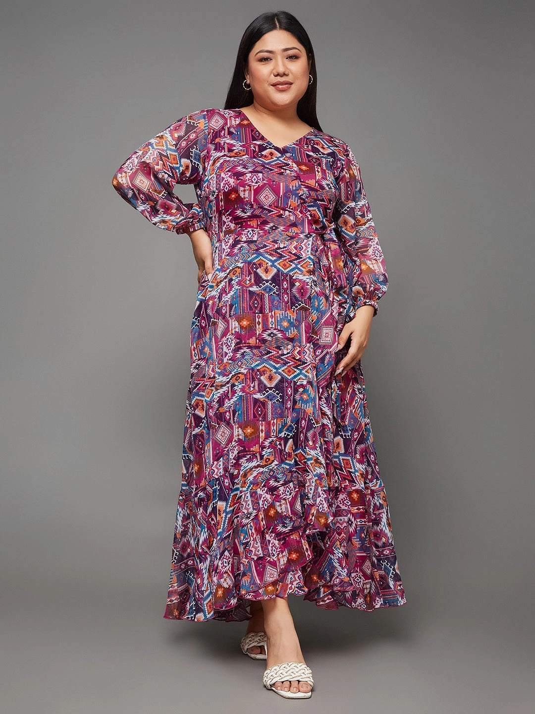 Body Bliss Multicolored Geometric Patterned Wrap Midi Chiffon Dress Layer Light Bold Design