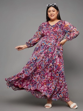 Smile Feel Calm Mood Body Bliss Multicolored Geometric Patterned Wrap Midi Chiffon Dress