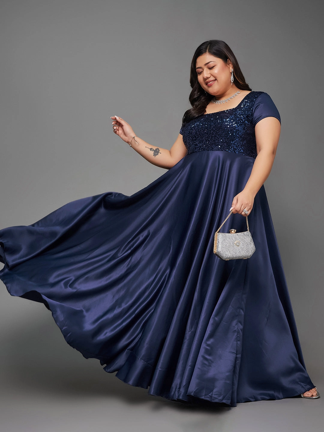Perfect Fit Wear Flower Soft Body Bliss Navy Blue Embellished Fit & Flare Maxi Dress