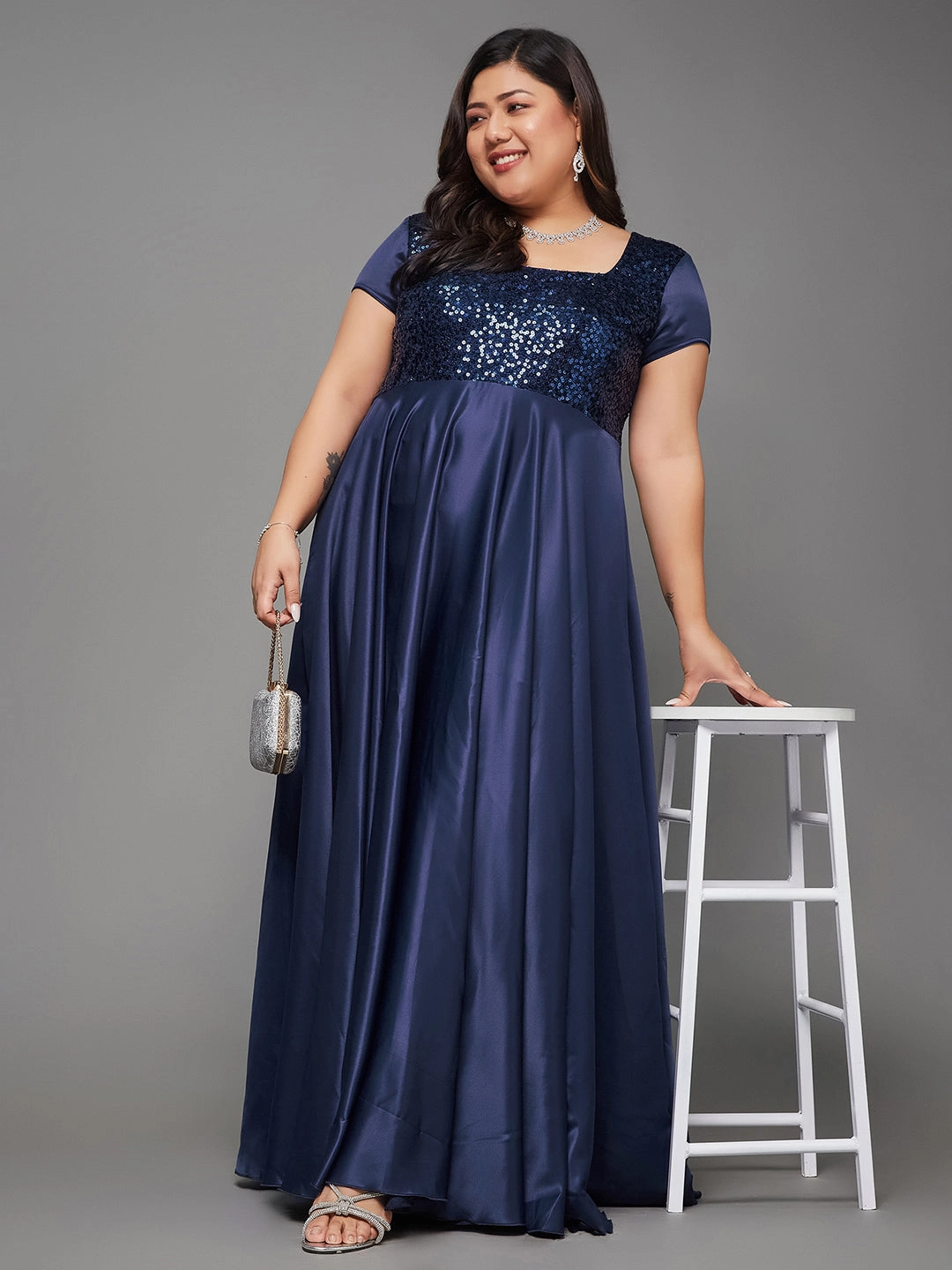 Minimalist Waistband Body Bliss Navy Blue Embellished Fit & Flare Maxi Dress