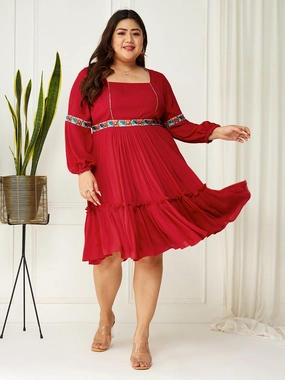 Body Bliss Red Viscose Rayon Solid Gathered Midi Dress Charming Style Edgy Twist