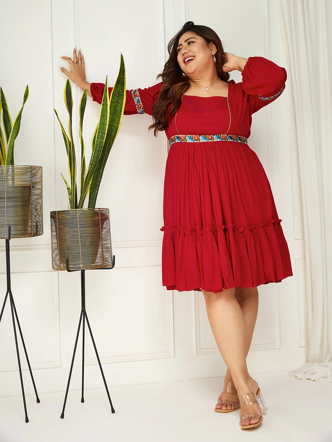 Body Bliss Red Viscose Rayon Solid Gathered Midi Dress spring outfit