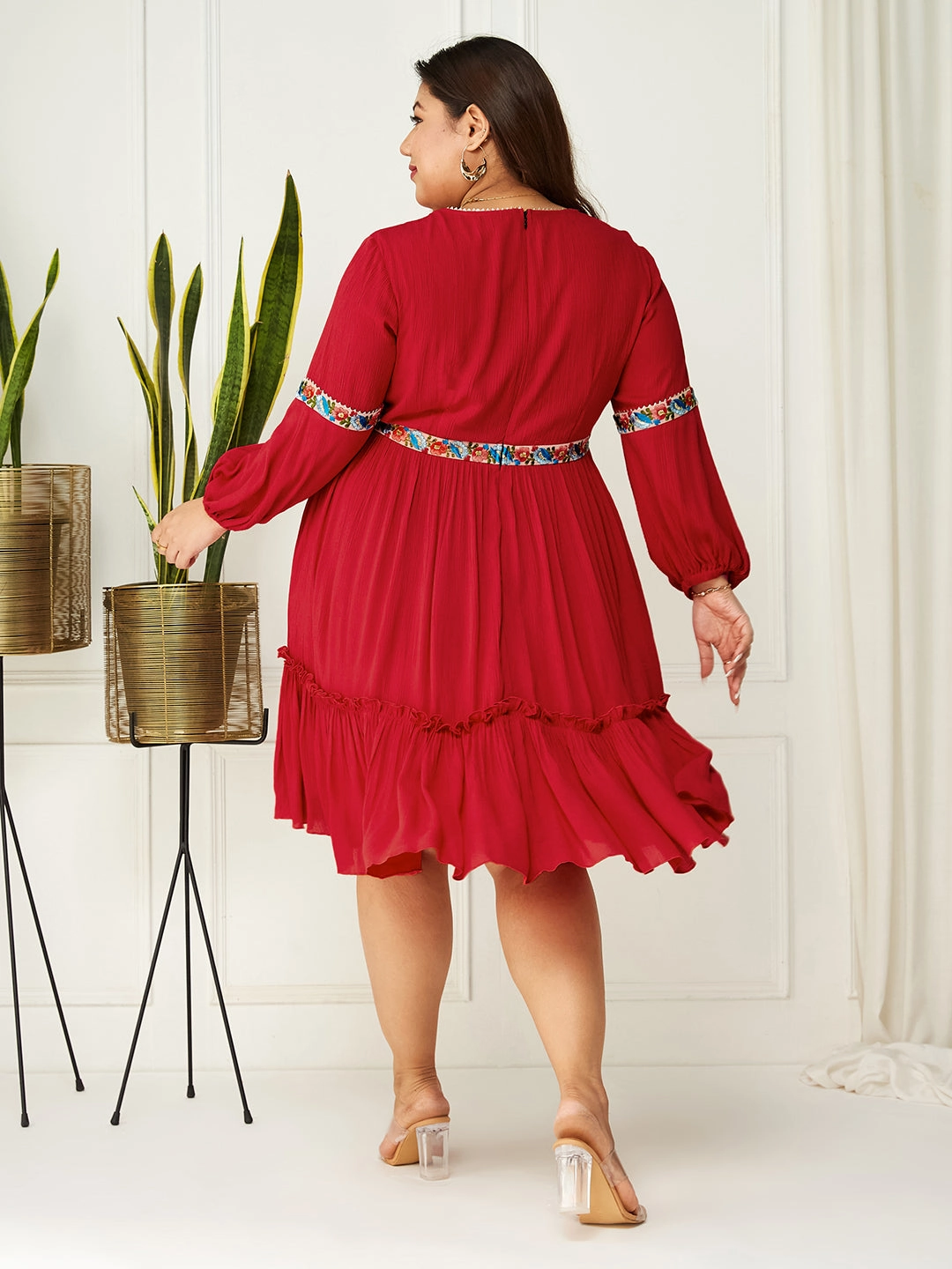 Perfect Fit Chic Style Wear Body Bliss Red Viscose Rayon Solid Gathered Midi Dress
