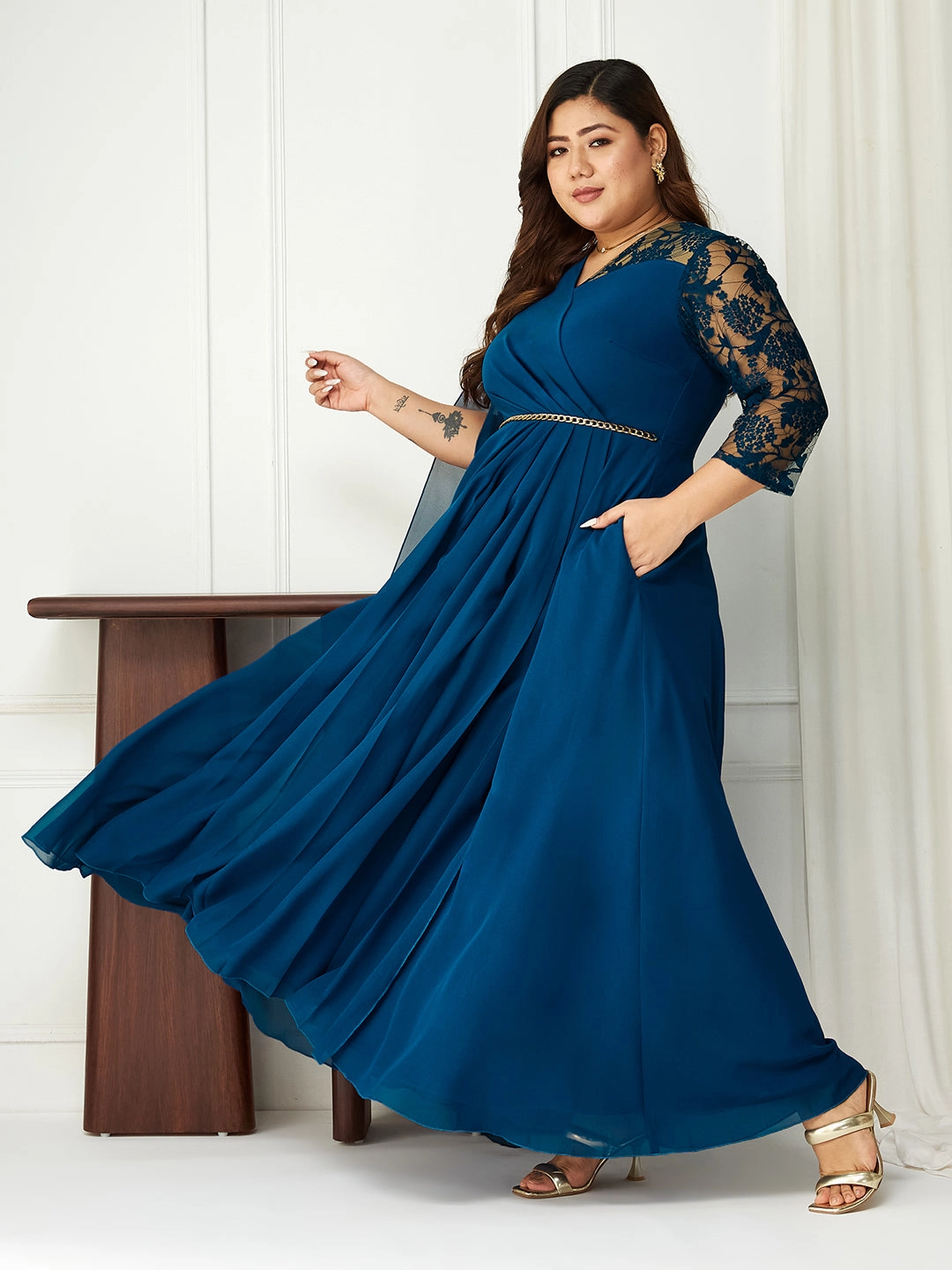 Body Bliss Royal Blue Embellished Maxi Georgette Dress Dreamy Touch
