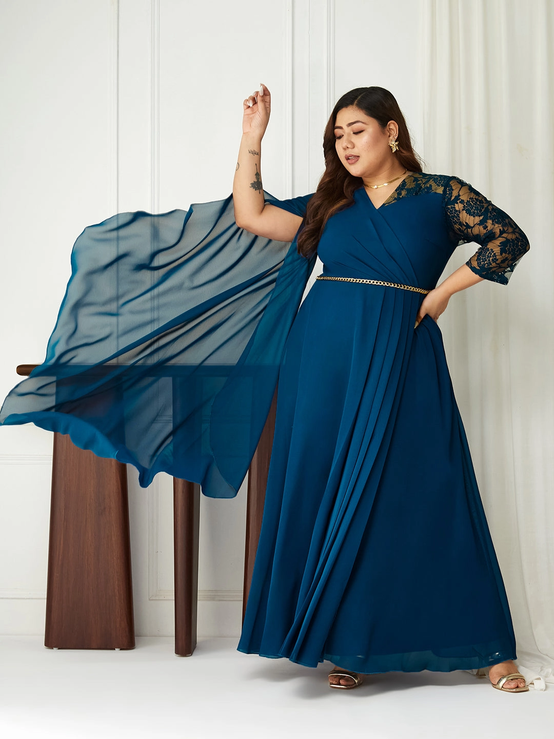 Body Bliss Royal Blue Embellished Maxi Georgette Dress Trendy And Comfortable Calm Energy