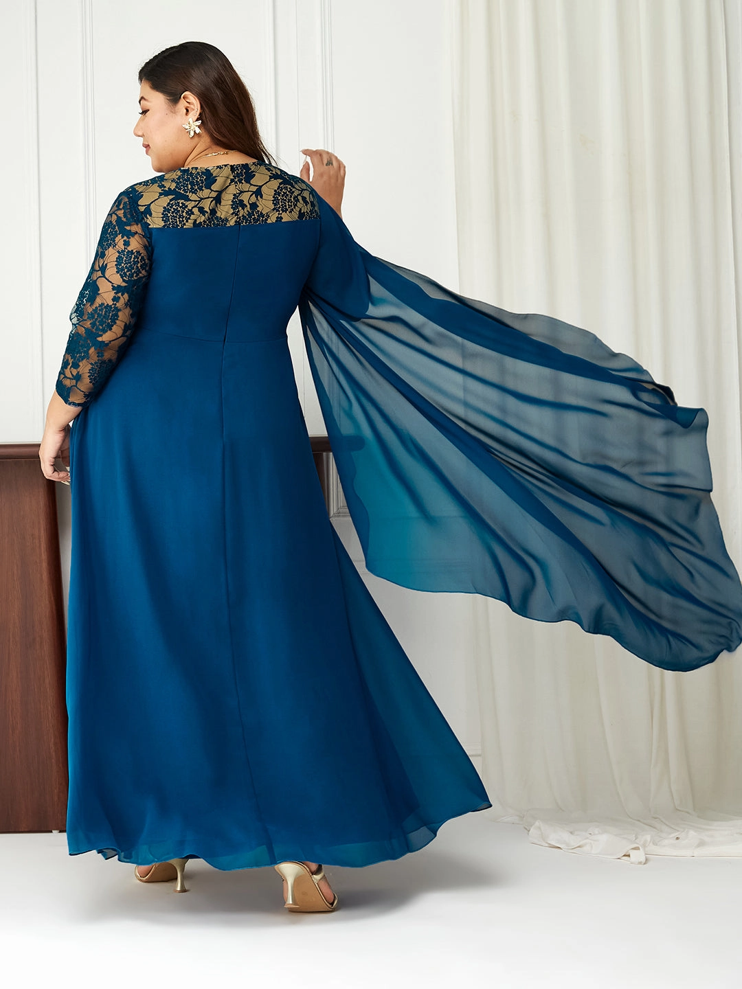 Body Bliss Royal Blue Embellished Maxi Georgette Dress Trend Fit