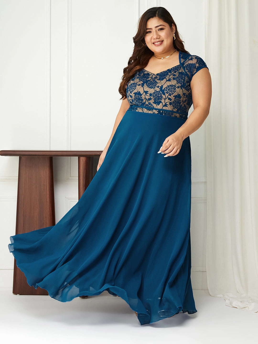 Light Soft Lace Fine Body Bliss Royal Blue Floral Fit & Flare Georgette Maxi Dress