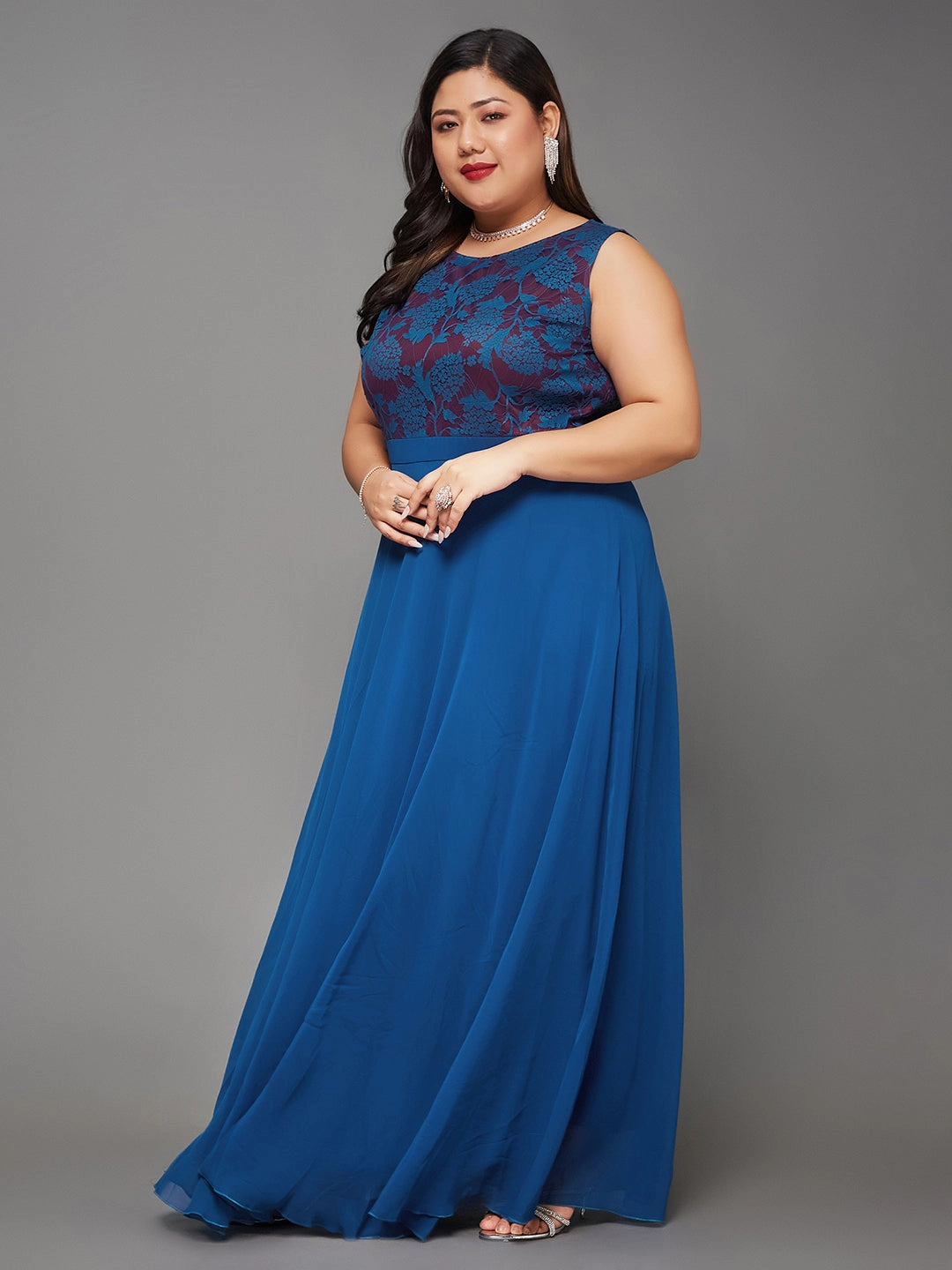 Body Bliss Royal Blue Georgette Floral Lace Fit & Flare Maxi Dress Layer Ready