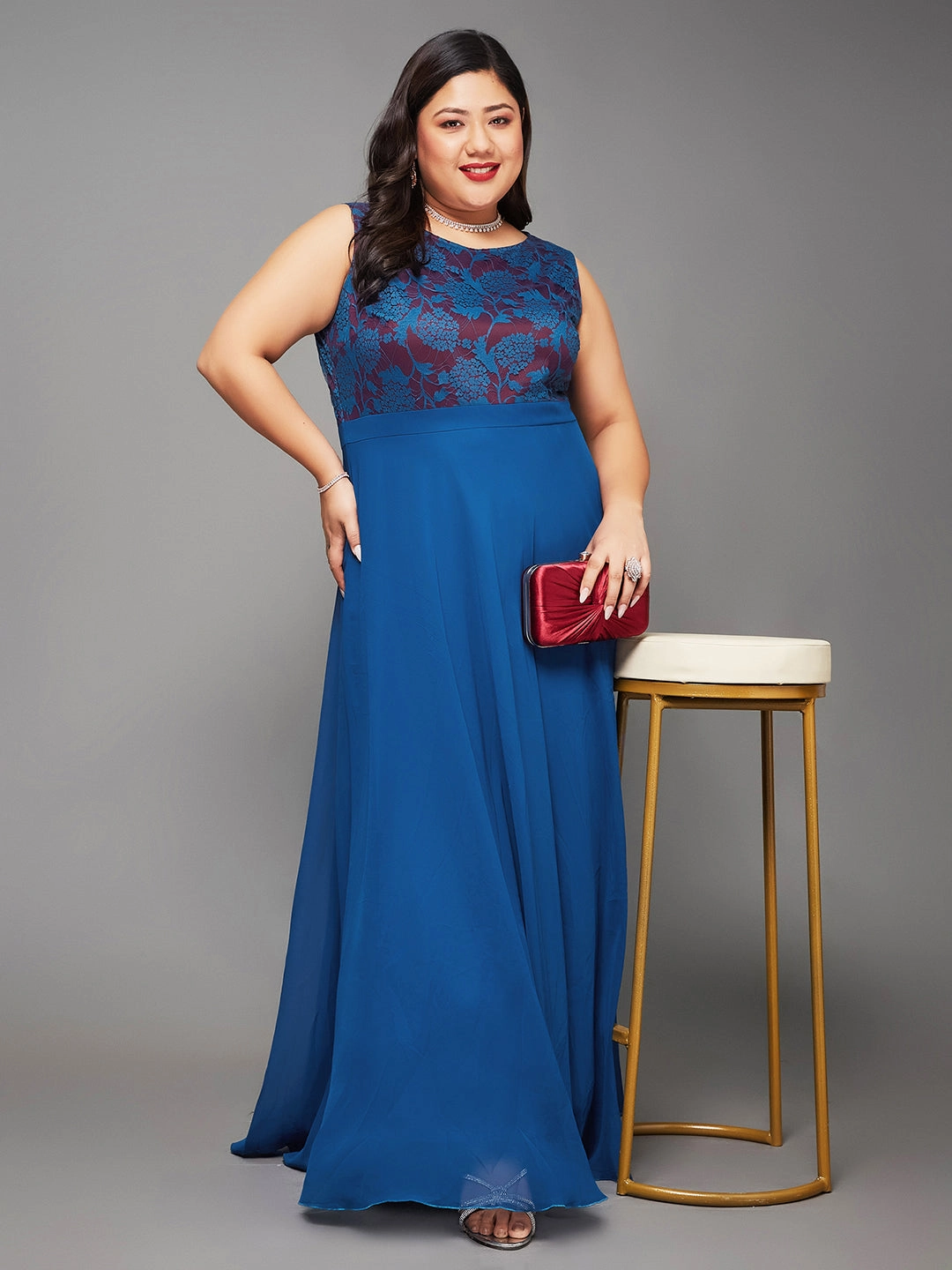 Body Bliss Royal Blue Georgette Floral Lace Fit & Flare Maxi Dress Low Key Flowing Fit