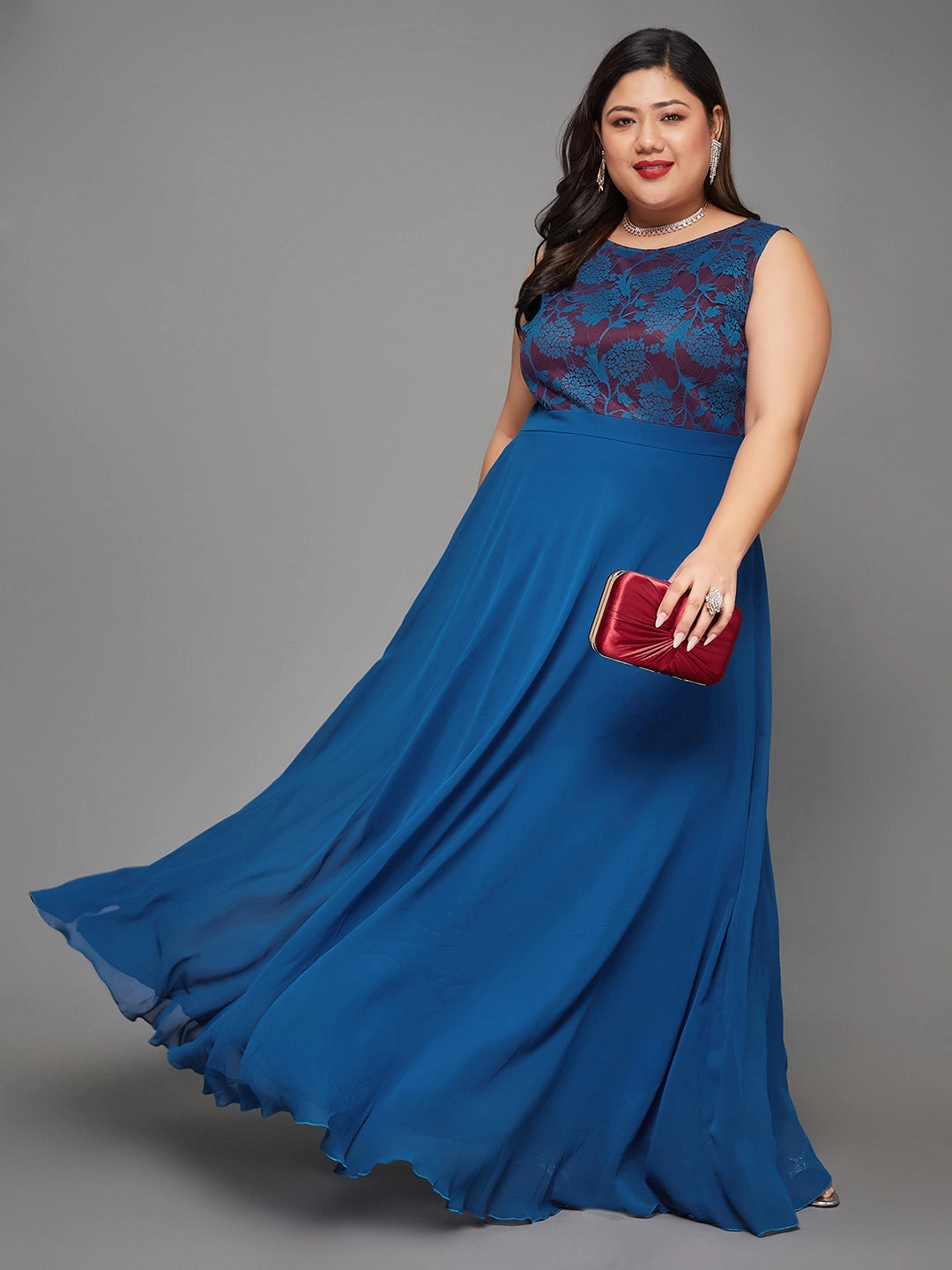 Body Bliss Royal Blue Georgette Floral Lace Fit & Flare Maxi Dress Gentle Look Trendy floral dress