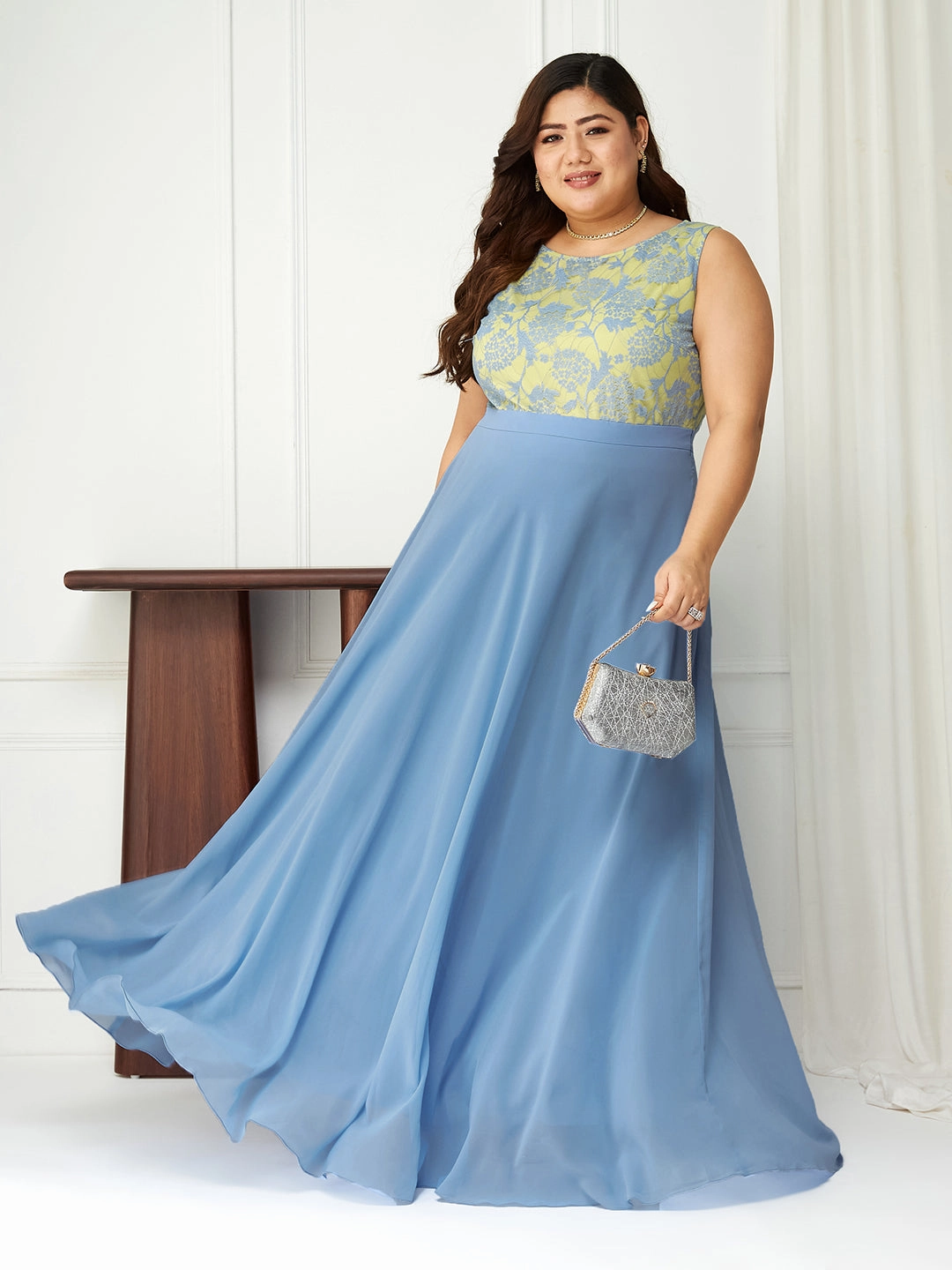 Body Bliss Sky Blue Georgette & Lace Floral Fit & Flare Maxi Dress Office Casual Chic Spirit