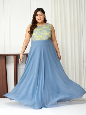 Body Bliss Sky Blue Georgette & Lace Floral Fit & Flare Maxi Dress Light Fit