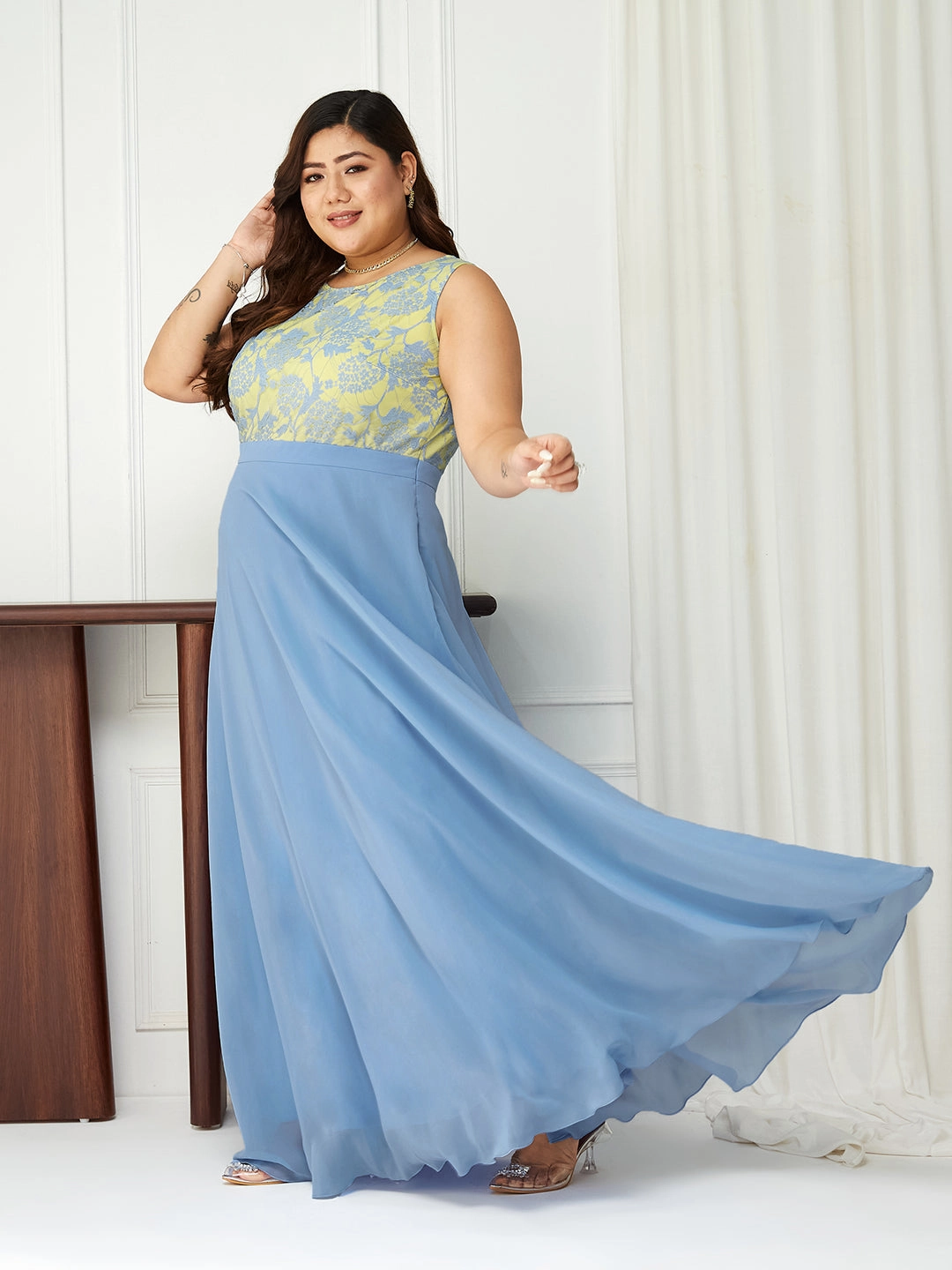 Comfortable fit dress for all body types Body Bliss Sky Blue Georgette & Lace Floral Fit & Flare Maxi Dress