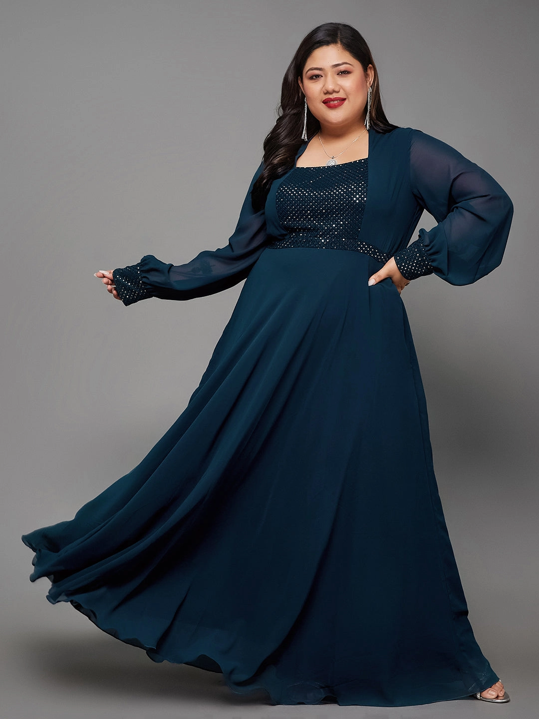 Vibrant Edge Winter-Season Body Bliss Teal Embellished Panelled Georgette Maxi Dress