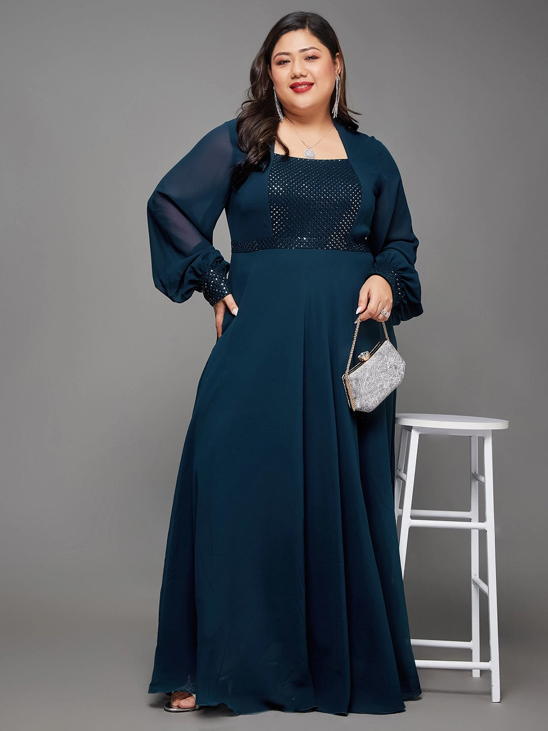 Body Bliss Teal Embellished Panelled Georgette Maxi Dress Comfortable Waistband