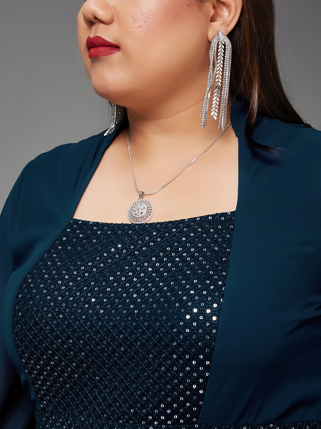 Cool Season StretchableKnit Body Bliss Teal Embellished Panelled Georgette Maxi Dress