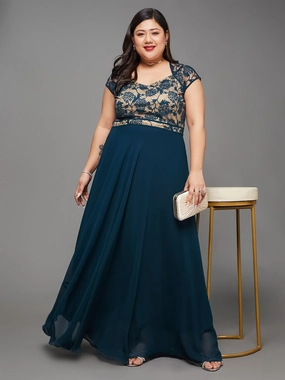 Tactile Feel Body Bliss Teal Floral Lace Overlaid Fit & Flare Paneled Maxi Dress