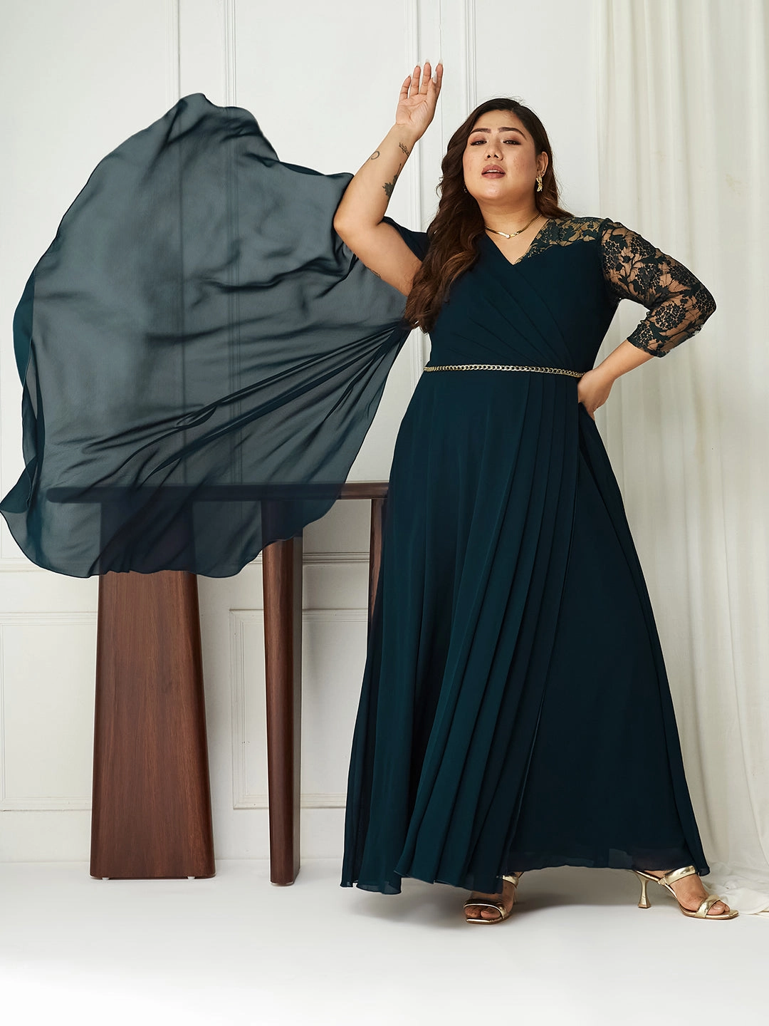 Flared-Hem London Edge Body Bliss Teal Self-Designed Georgette Maxi Dress