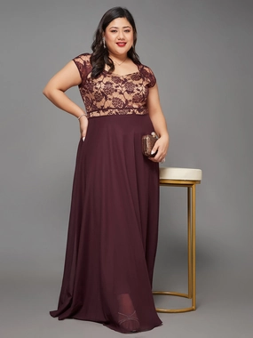 Body Bliss Wine & Beige Floral Lace Overlaid Fit & Flare Paneled Maxi Dress Festival-Ready Smart Waistband Fit