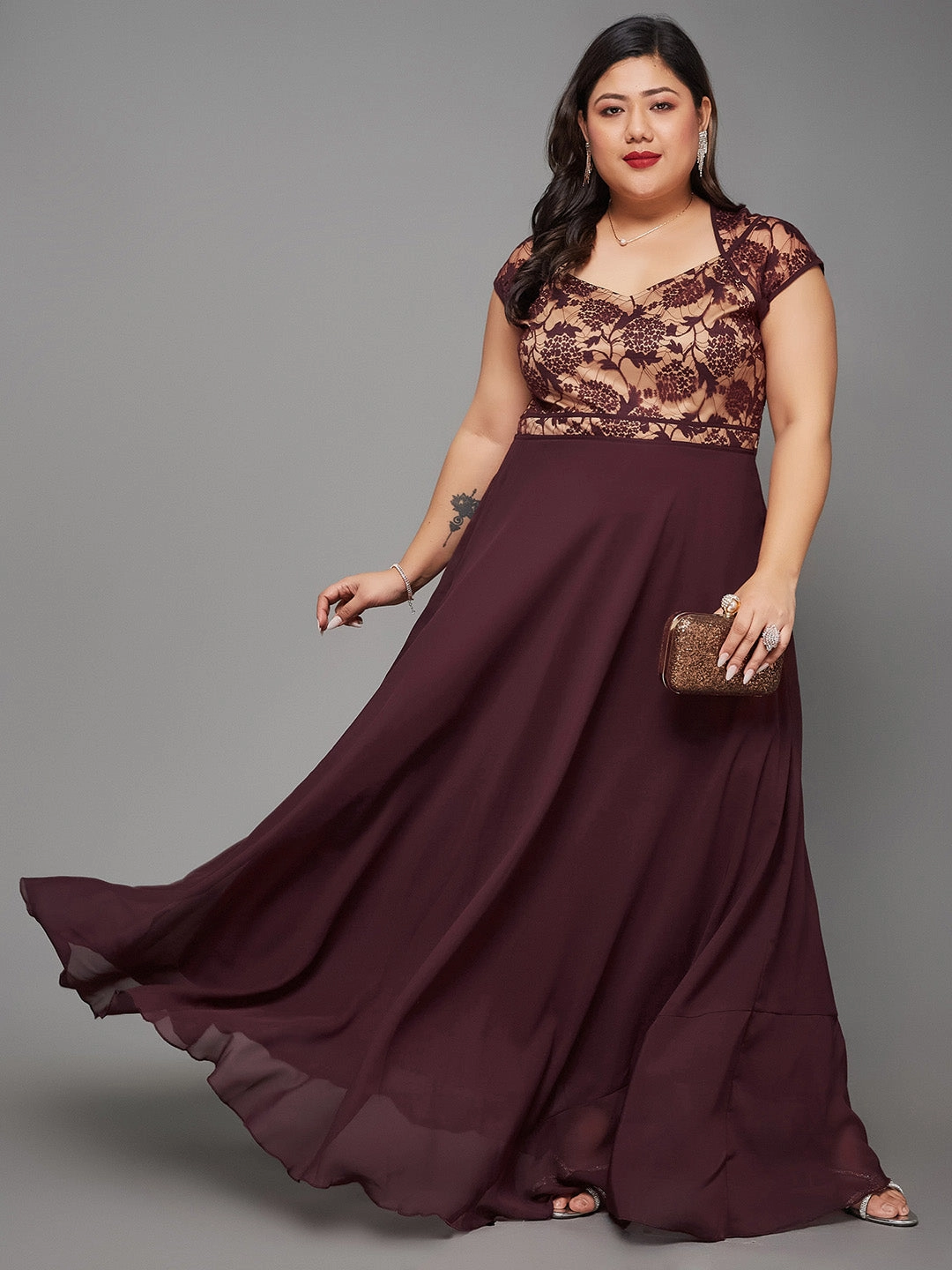 Classic Layer Low Maintenance Body Bliss Wine & Beige Floral Lace Overlaid Fit & Flare Paneled Maxi Dress