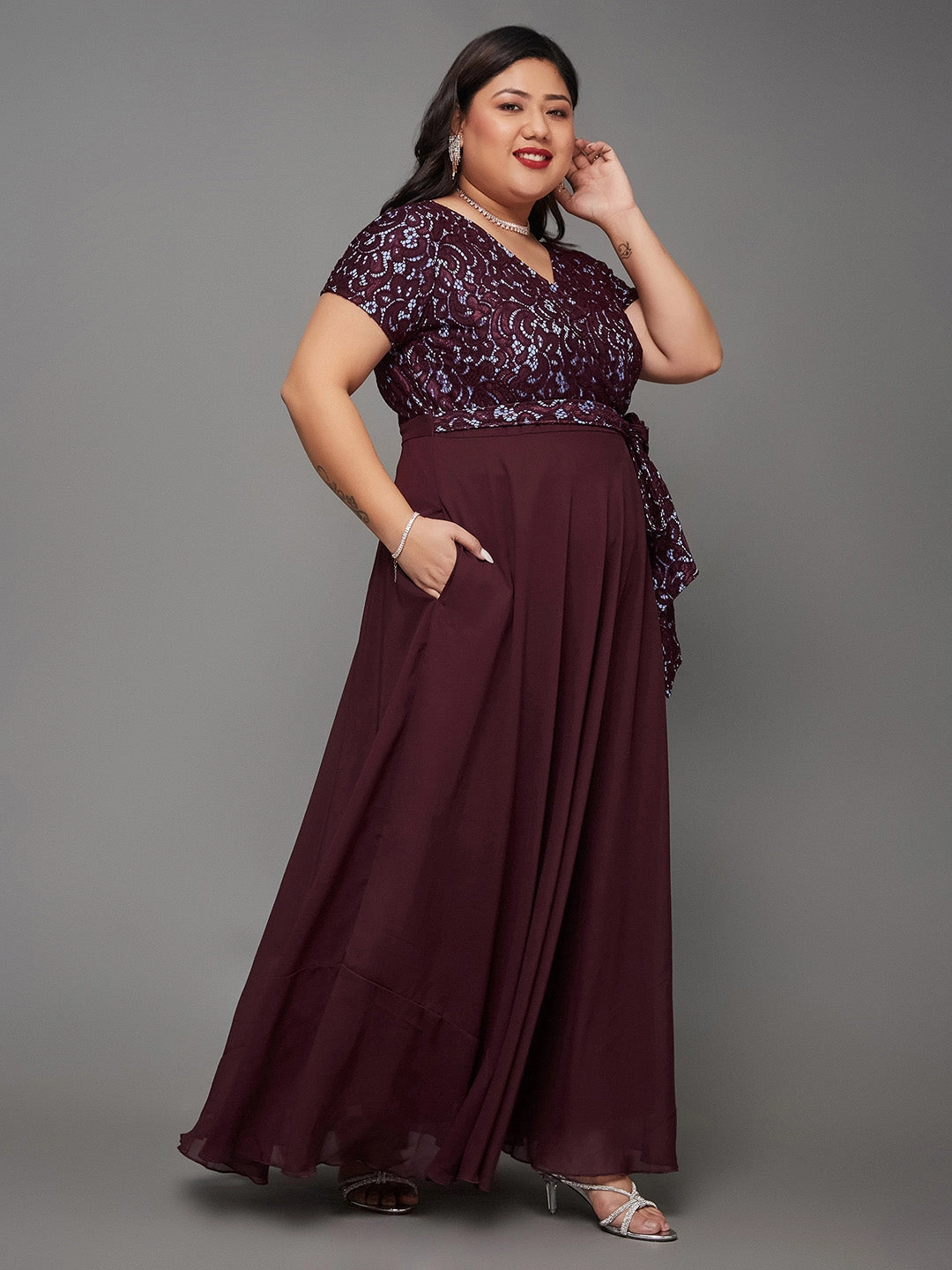 Modern Movement Body Bliss Wine Colored Lace Overlaid Maxi Georgette Dress