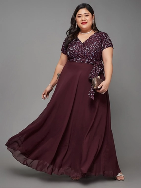Body Bliss Wine Colored Lace Overlaid Maxi Georgette Dress Lounge Texture Refined Finish