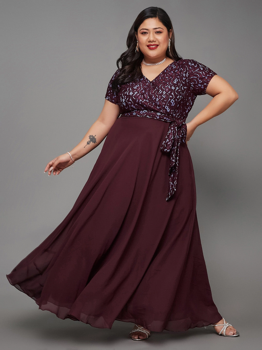 Smooth Surface Stylish Cut Body Bliss Wine Colored Lace Overlaid Maxi Georgette Dress