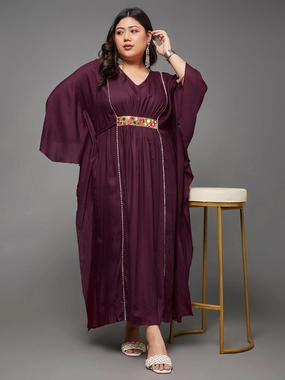 FlatlockSeam Body Bliss Wine Solid Viscose Rayon Maxi Kaftan Dress