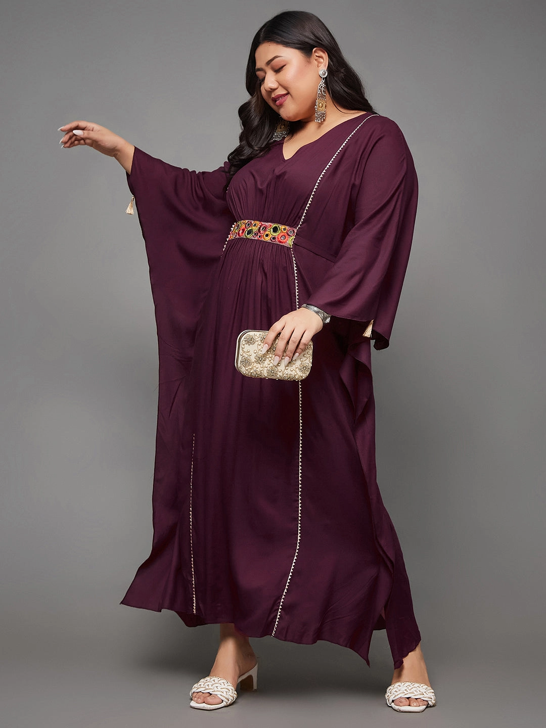 Body Bliss Wine Solid Viscose Rayon Maxi Kaftan Dress Polished Edge