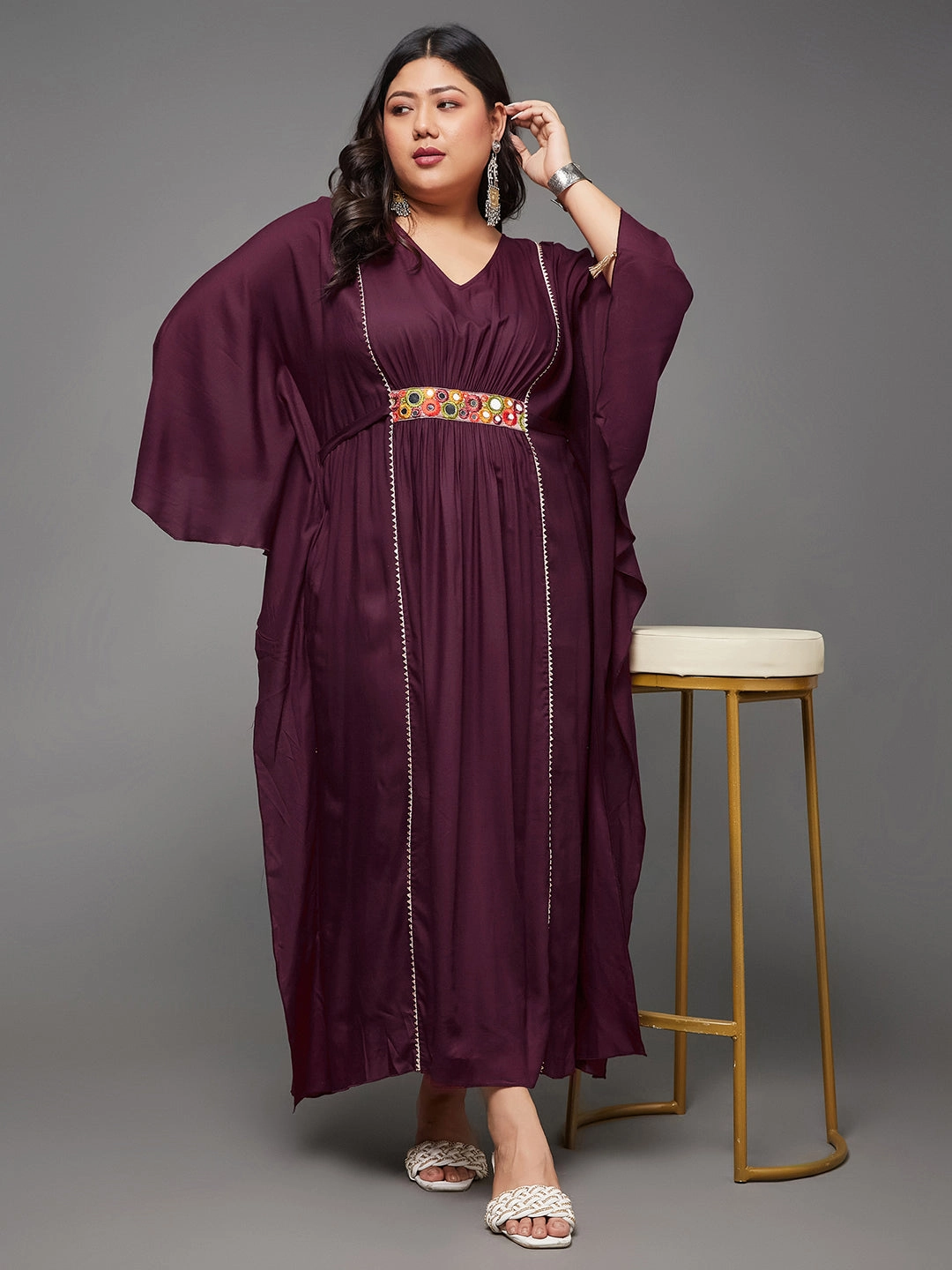 FlatlockSeam Body Bliss Wine Solid Viscose Rayon Maxi Kaftan Dress