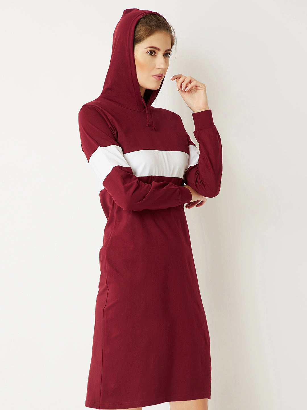 Button Chic Women's Maroon And White Round Neck Full Sleeve Cotton Solid Hooded Knee-Long T-Shirt Dress