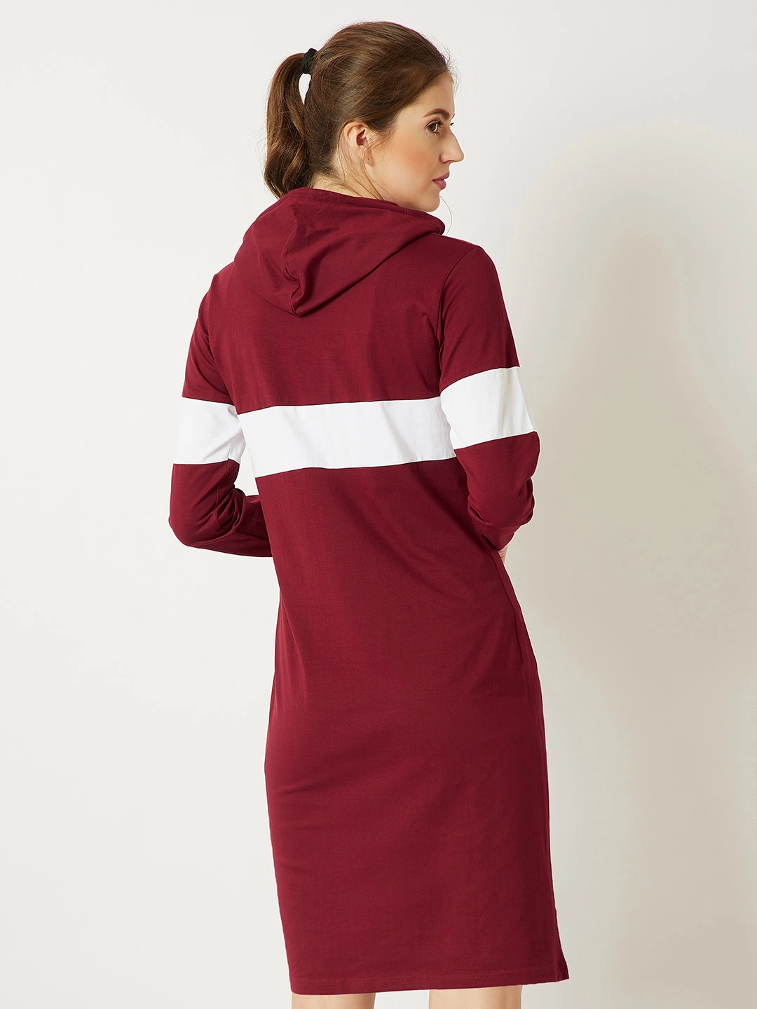Women's Maroon And White Round Neck Full Sleeve Cotton Solid Hooded Knee-Long T-Shirt Dress Stylish Appearance