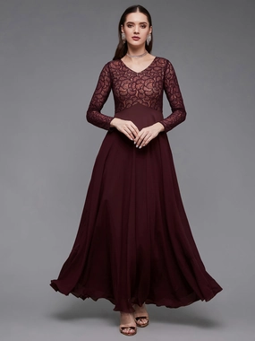 Comfortable Shape Cozy Wearable Women's Wine V-Neck Full Sleeve Self Design Lace-Overlaid Georgette Maxi Dress