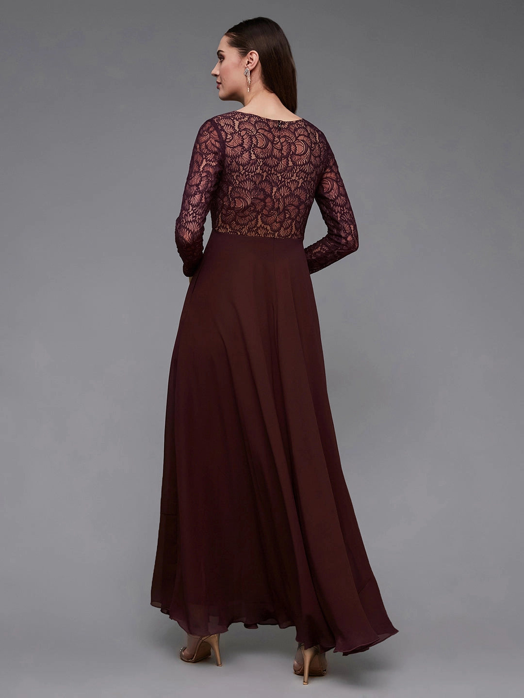 Trendy Comfort Urban Feel Women's Wine V-Neck Full Sleeve Self Design Lace-Overlaid Georgette Maxi Dress