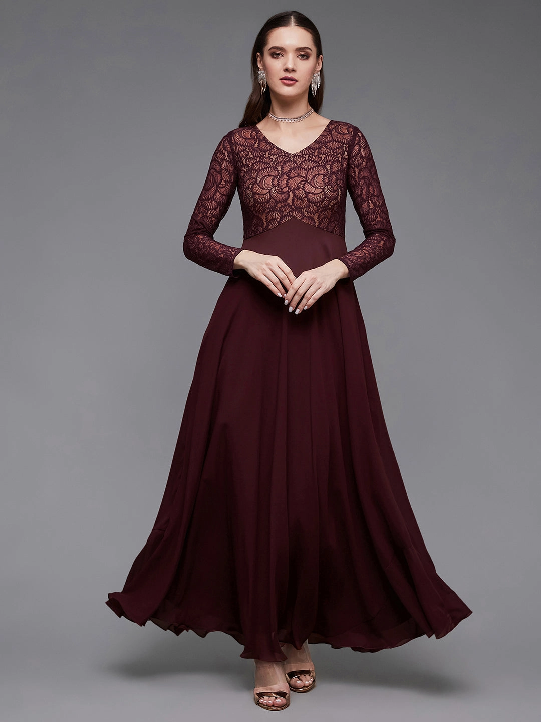 Comfortable Shape Cozy Wearable Women's Wine V-Neck Full Sleeve Self Design Lace-Overlaid Georgette Maxi Dress